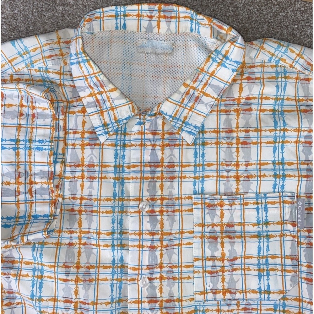 Columbia PFG All‎ Over Fish Print Orange/Blue Plaid Shirt Men XL Vented Wick UPF